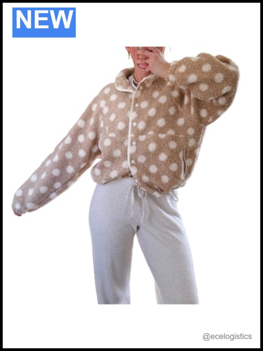 Women's Fuzzy Fleece Jacket Polka Dot Long Sleeve Sherpa Cardigan